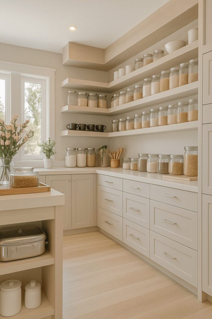 White Walk-In Pantry Design for Kitchen